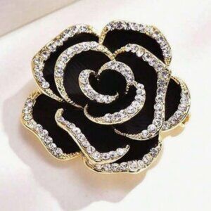 NEW Black Enamel Crystal Camellia Brooch Gold Tone Statement Floral Luxury
